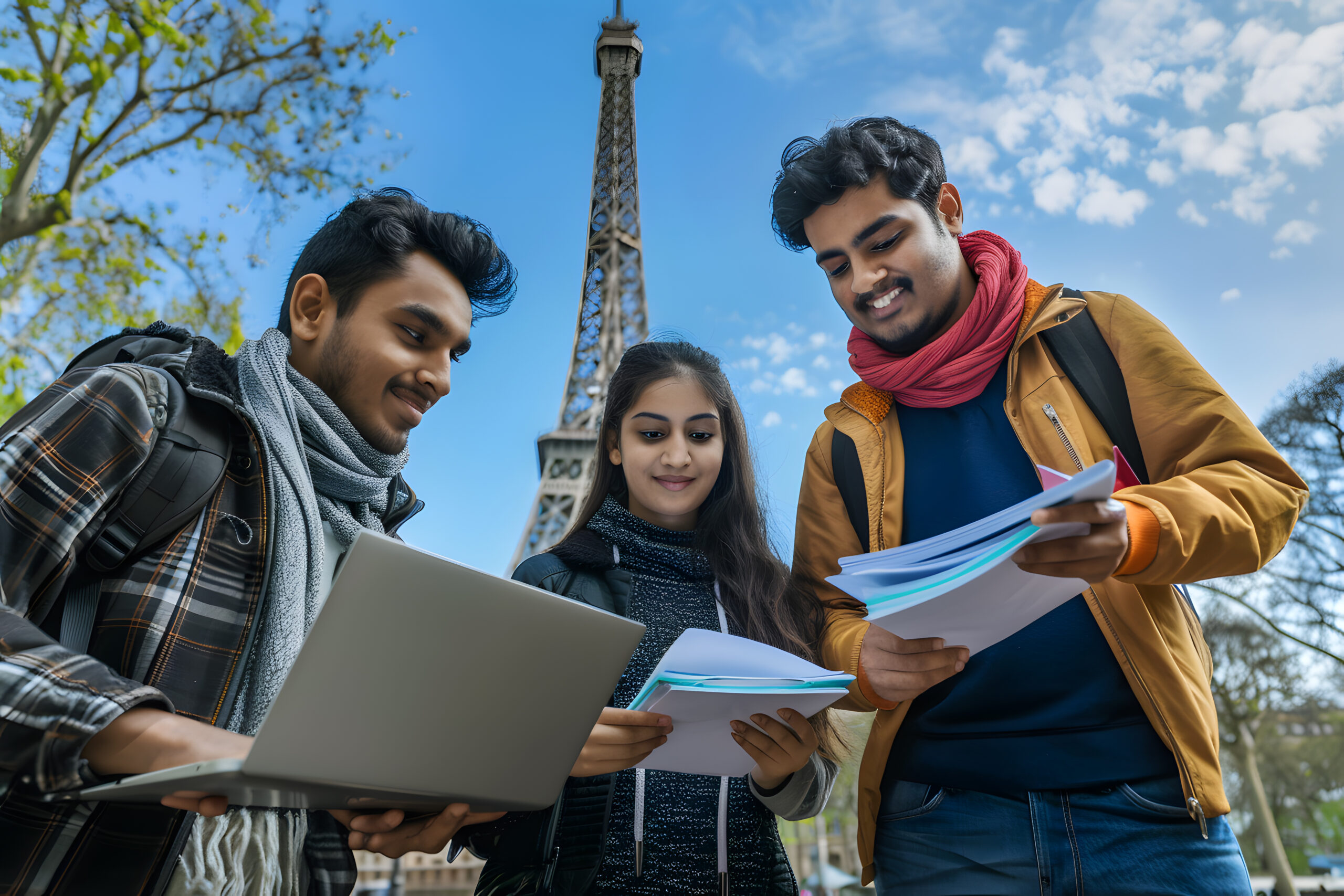 group-students-with-laptop-books-paris-eiffel-tower-background